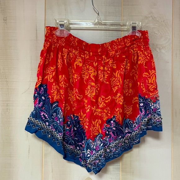 Free People Red Blue Beaded Drawstring Shorts Sz XS Hippie Boho Festival - Picture 4 of 5